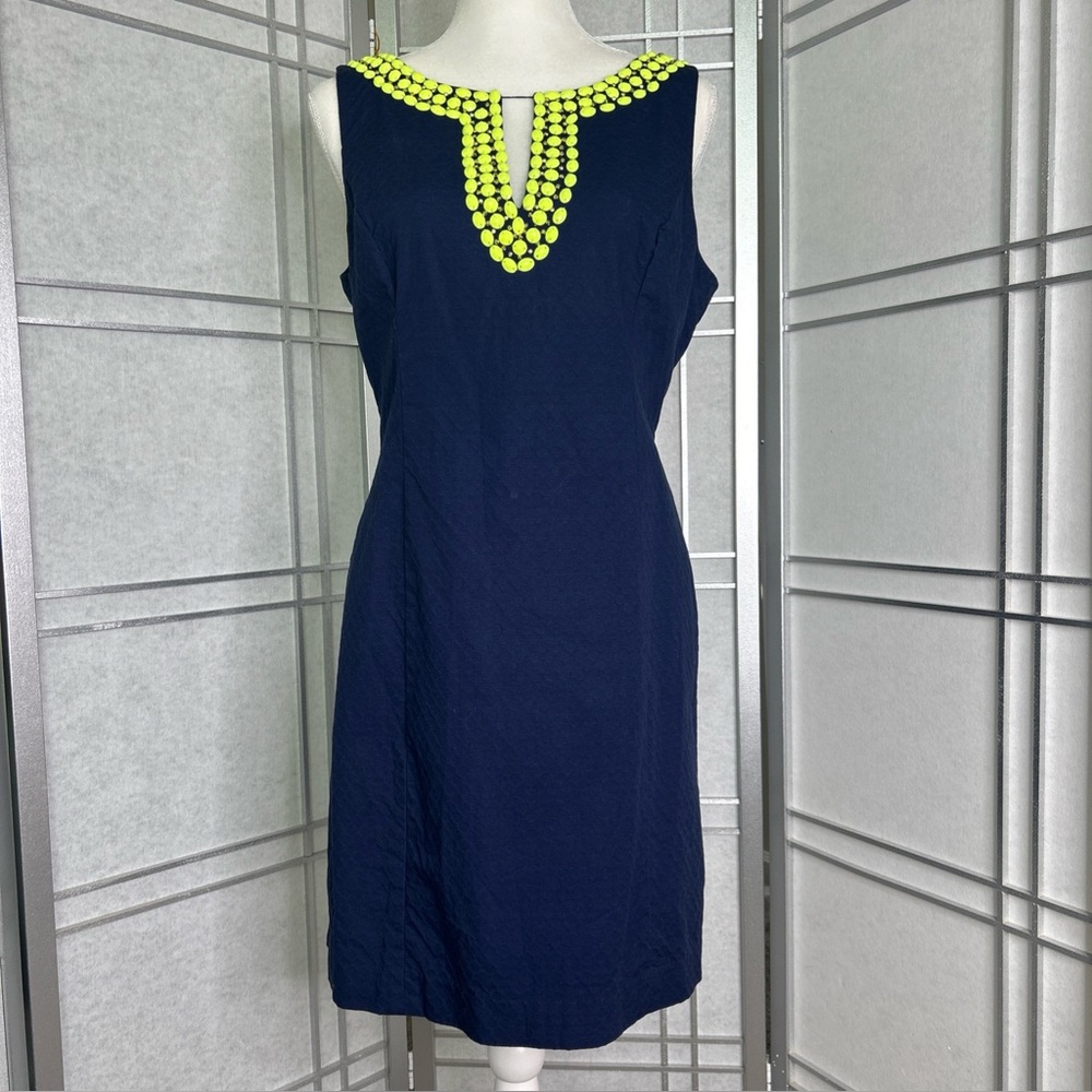 Lilly Pulitzer Blaire True Navy Limoncello Beaded Shift Dress Size 10